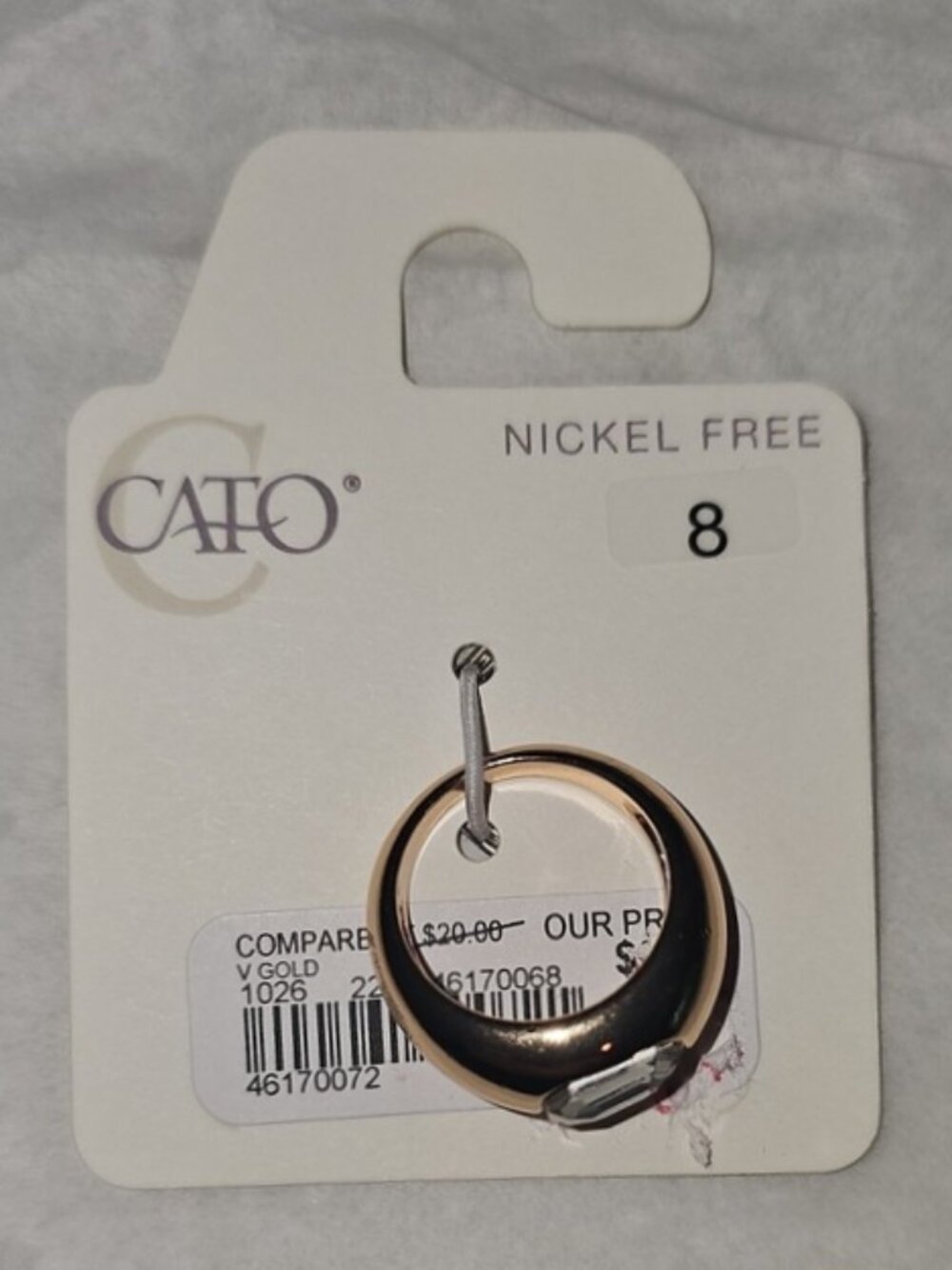 Cato Gold-Tone Women's Size 8 Nickel Free Fashion Ring New